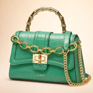 Aldo Aubray Green Croc Embossed Top Handle Bag Bamboo Accent Crossbody NWT